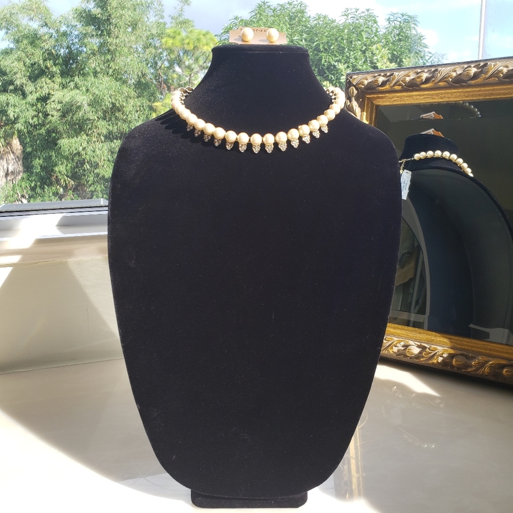 Monet Pearl & Rhinestone Necklace & Earrings Jewelry Bundle NWT